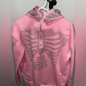 Rhinestone Skeleton Fashion Unisex Pink Hoodie Sweatshirt US S